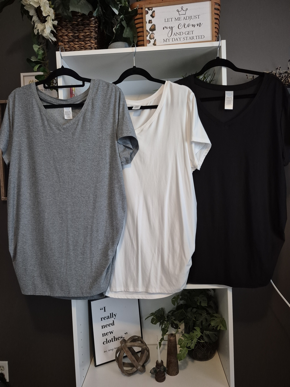 3 Pack Of Time and Tru V-Neck Short Sleeve Tees — Gray, White & Black